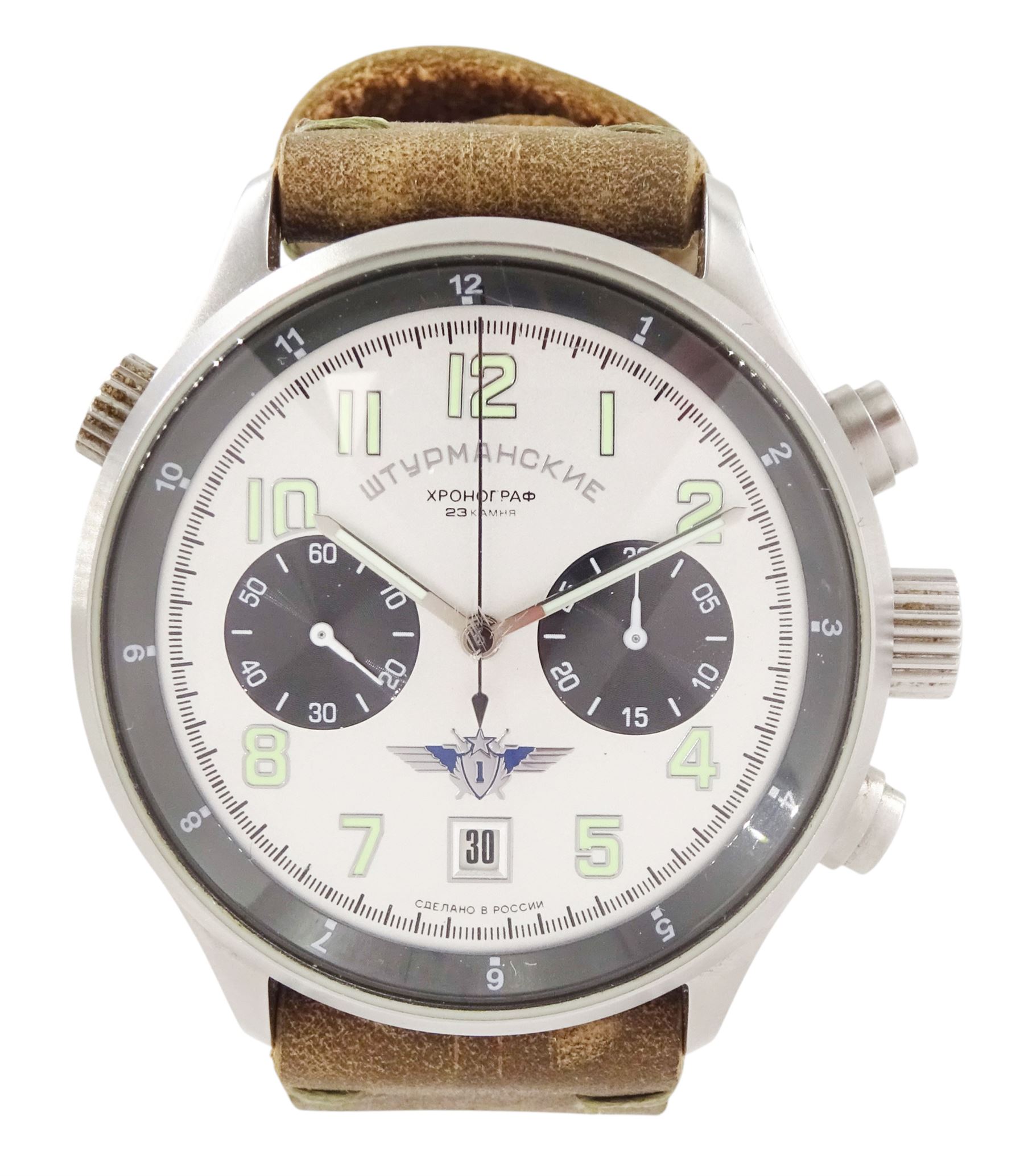 Poljot Sturmanskie gentleman's manual wind chronograph wristwatch, Cal. P3133, silvered dial with Arabic hour markers, black subsidiary dials and skeleton back case, on brown leather strap