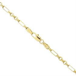 Gold oval locket with engraved decoration, on a gold fancy link chain, both 9ct, hallmarked 