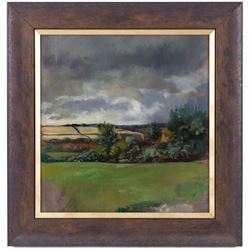 English School (Contemporary): Clouds Gathering over the Fields, pair of oils on board unsigned 31cm x 30cm (2)