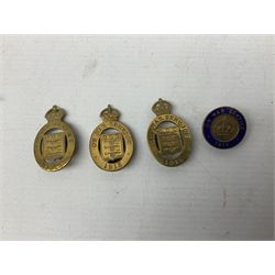 Military metal lapel and pin back badges to include stamped silver Old Coldstreamers Association example and another stamped silver badge, Royal Warwickshire examples, Glamorgan Yeomanry etc