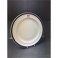 Early 20th century 'Cutty Sark' dinner plate, printed with the house flag and ship's name beneath, within a cobalt blue and gilt border upon a white ground, with printed maker's mark beneath for T. Hayward & Co, D24.5cm

Provenance by vendor repute: Vendor's father was a naval cadet in 1940s/50s on board HMS Worcester which was moored alongside the Cutty Sark on the River Thames at Greenhithe. He has had the plate since then. 