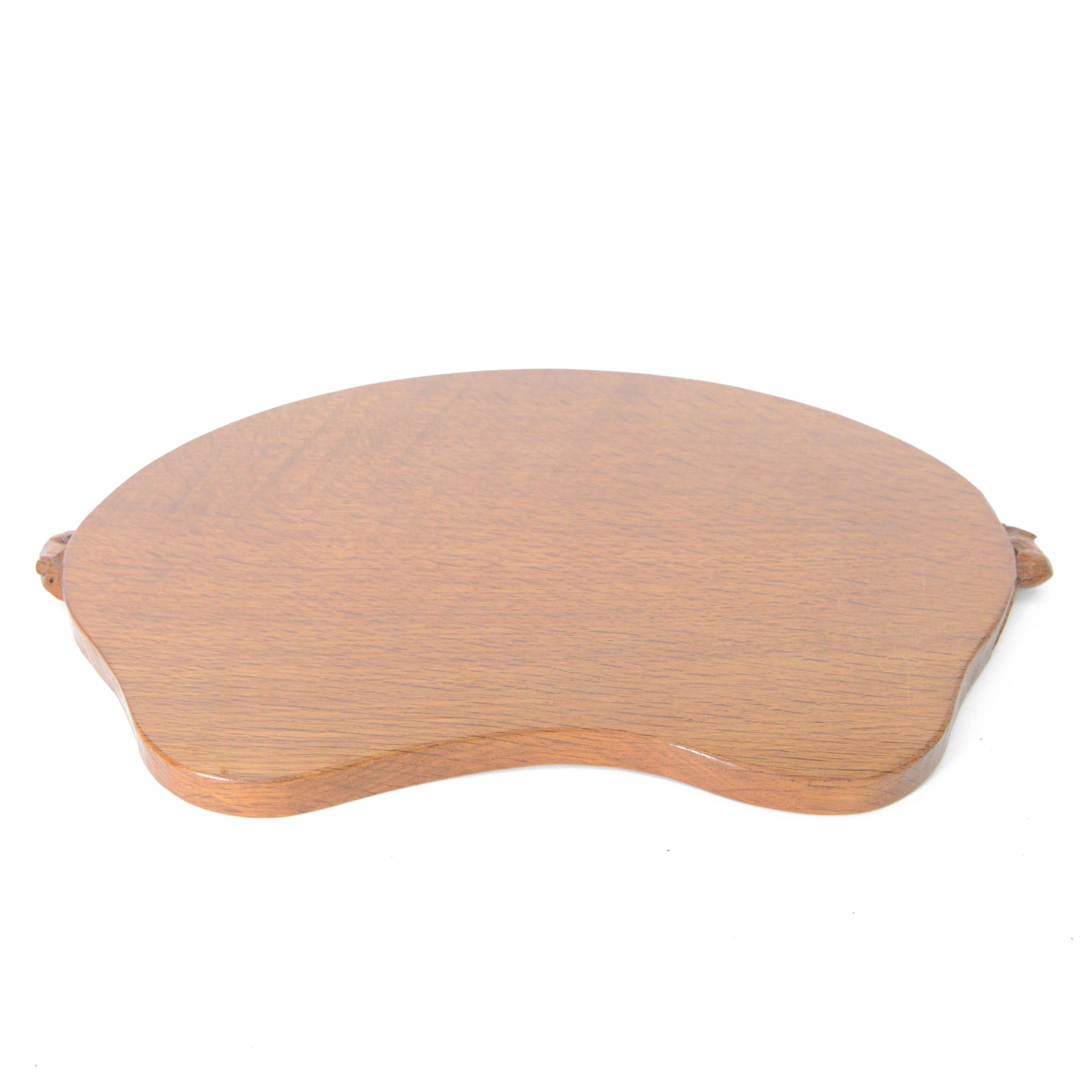 Mouseman - adzed oak tea tray, of kidney form with two carved mouse signatures forming the handles, by the workshop of Robert Thompson, Kilburn, W47.5cm