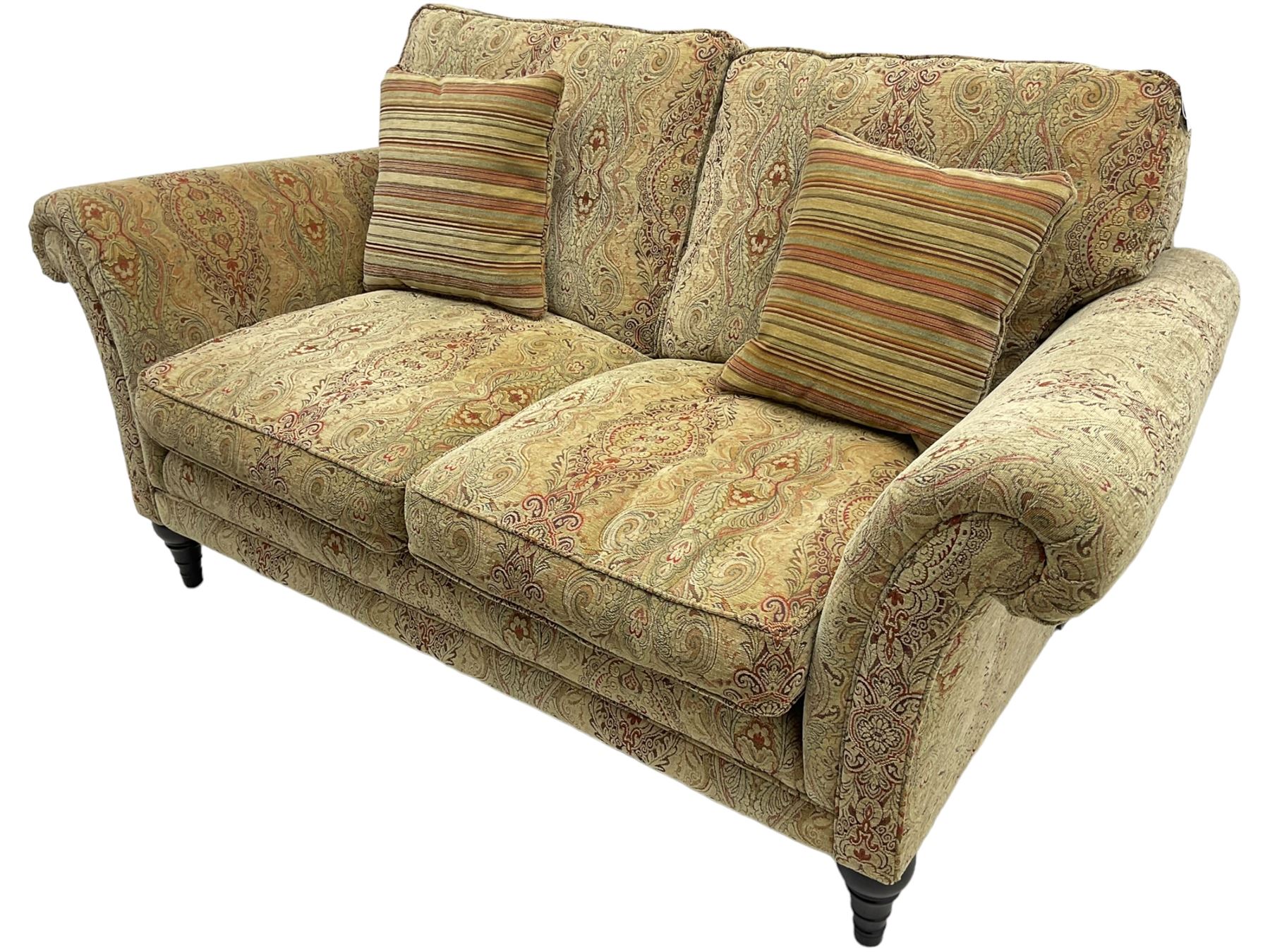 Parker Knoll - 'Burghley' two-seat sofa, upholstered in 'Baslow Medallion' gold floral pattern fabric