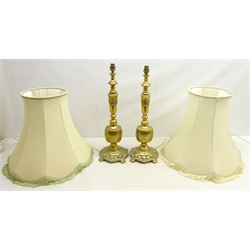  Pair cast brass table lamps with pierced bases and bands of Hieroglyphic style decoration, with shades, H56cm   
