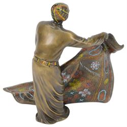 After Franz Bergmann bronzed sculpture of a carpet seller, with colourful painted highlights throughout, H19cm