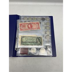 Coins and banknotes, including sixteen Great British pre 1947 halfcrown coins, pre decimal pennies, five pound and other coin covers etc, Canada 1954 one dollar banknote and Central Bank of Trinidad and Tobago