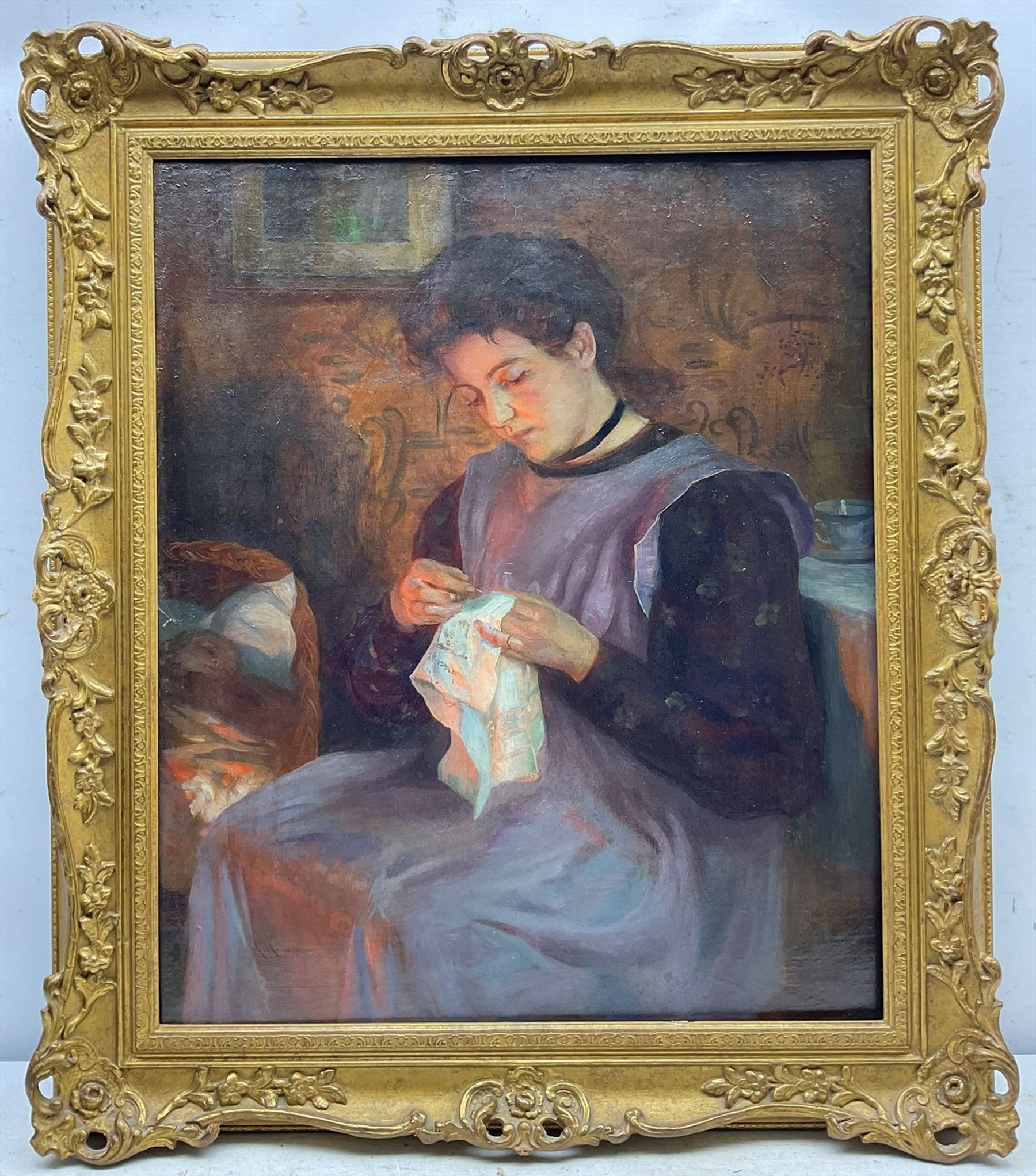 WITHDRAWN at the request of the vendor's family - 
Sir Hubert Von Herkomer RA RWS CVO (British 1849-1914): 'In the Nursery' - Girl Sewing by the Fireside, oil on canvas signed with initials and dated 1879, further signed and inscribed 'Bushey Herts' verso 60cm x 50cm 
Provenance: purchased by the vendor's parents from Wrawby Moor Art Gallery Ltd, Brigg in the 1980s, sold with an undated receipt