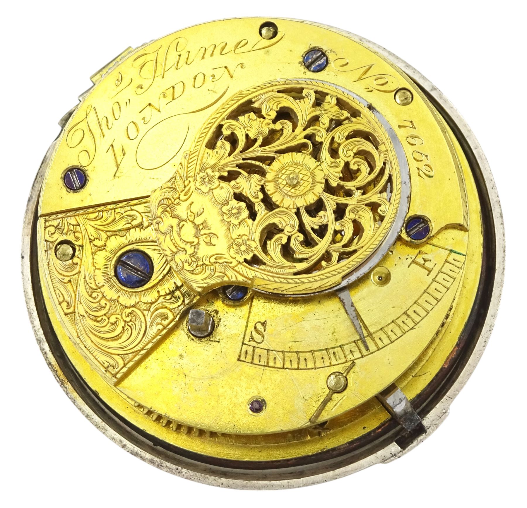 George III gilt open face fusee lever pocket watch by John Dwerrihouse Berkley Square, No. 4079, engraved balance cock with diamond endstone, two other fusee lever pocket watches by Strong, London and Thomas Hume, London, one with silver pair case, the other with white metal case
