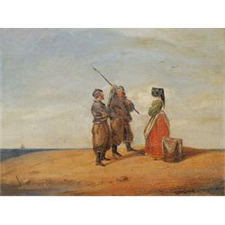 German School (19th century): Soldiers and a Lady on the Shore, oil on board unsigned, indistinctly inscribed verso: '.... Grossvater (Grandfather) Julius Sager' 20cm x 26cm