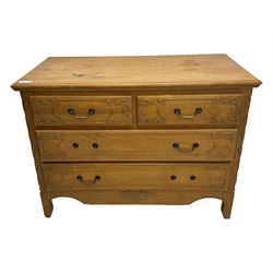 French design hardwood chest, rectangular top with moulded edge over two short and two long drawers with carved scrolling foliate decoration, flanked by carved acanthus leaf columns, on bracket supports