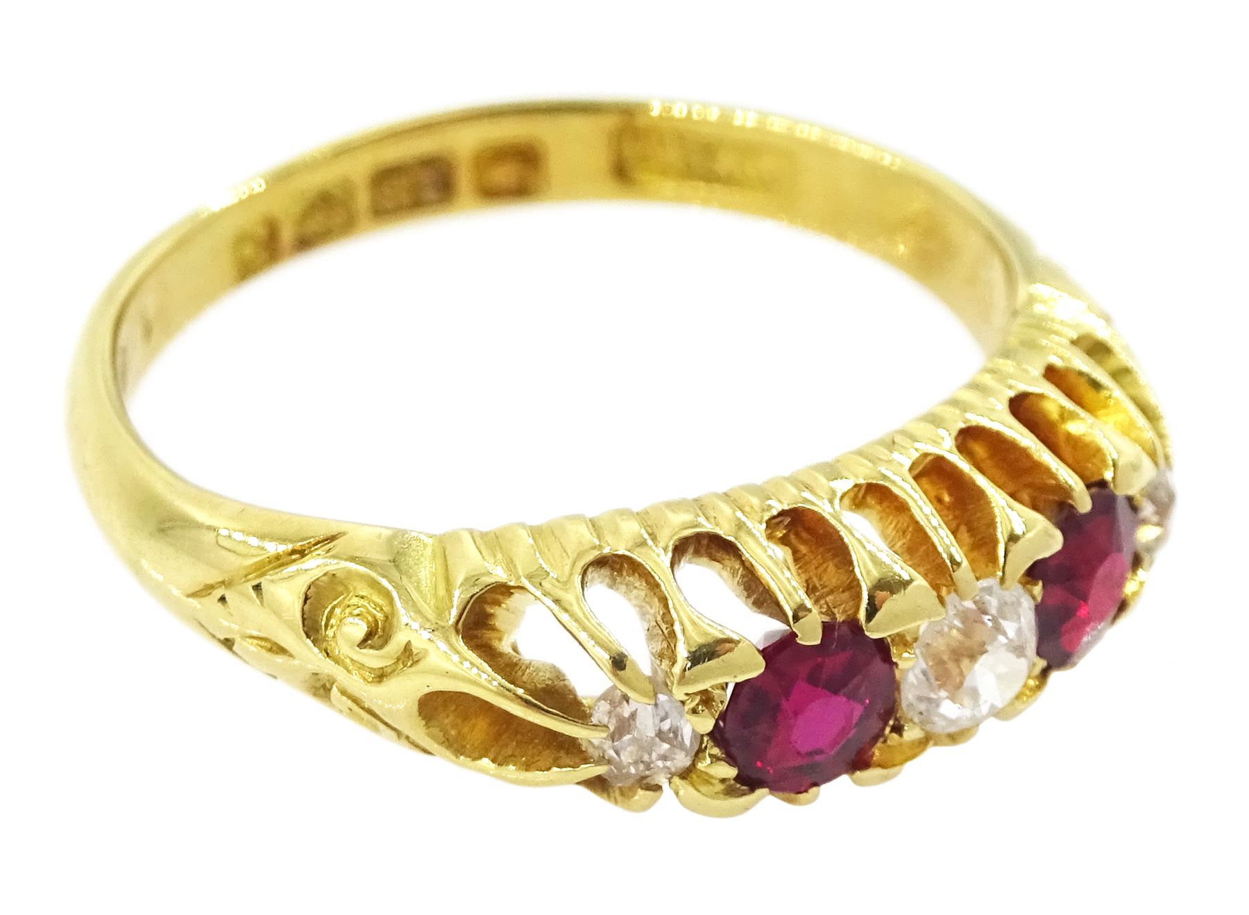 Edwardian 18ct gold five stone ruby and old cut diamond ring, Birmingham 1902, total ruby weight 0.40 carat, total diamond weight approx 0.20 carat
