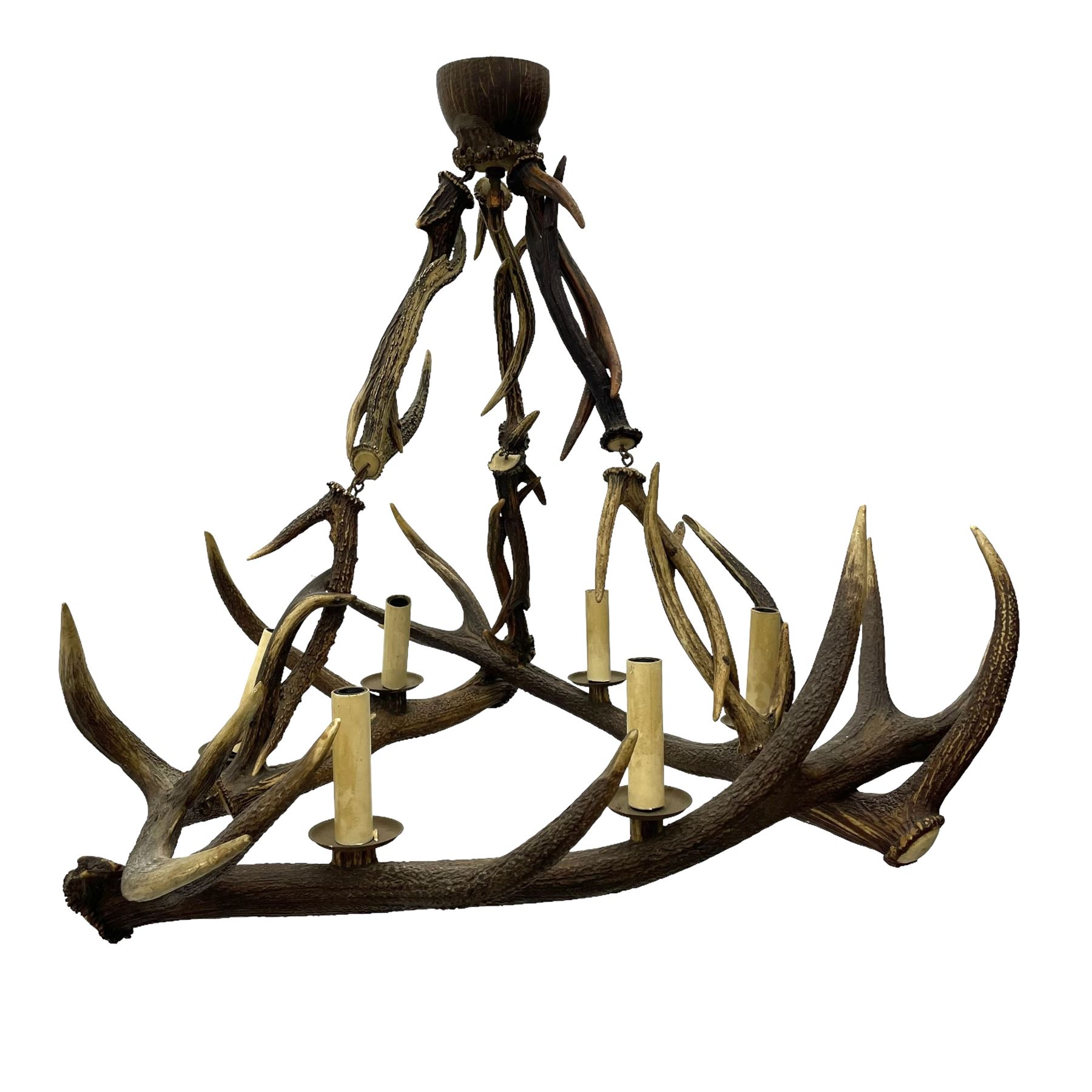 Deer antler chandelier, of square shaped form, with six fitted lights, W80cm, H62cm