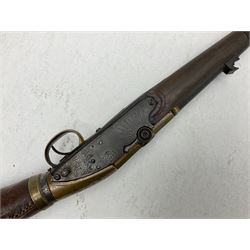 Late 18th century 7.2mm (approx. .28 calibre) Girandoni system single shot reservoir air rifle, the 62cm steel barrel with swivelling two-leaf rear sight, brass breech decorated with a sunburst and lever opening top loading, engraved steel lock-plates marked 'S. Gaskell' to the right side underneath the cocking lever, brass trigger guard,  leather covered steel butt reservoir of tapering conical form with brass ferrule and walnut fore-stock with horn mounts L107cm overall