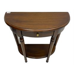 Mahogany demi-lune console table, with drawer and under-tier