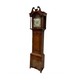 A mid-19th century oak and mahogany longcase clock retailed by 'Frank Dobson, Driffield' with a swan's neck pediment and brass paterae, recessed break-arch hood door flanked by mahogany pillars with brass capitals, trunk with a three-quarter length hood door and wavy top on a rectangular plinth with a central oak panel, fully painted convex centre break arch dial with corresponding spandrels and a biblical depiction from the new testament to the arch, with roman numerals, minute track and non-matching stamped brass hands, subsidiary seconds dial and semi-circular date aperture with date disc behind, dial pinned via a Walker & Hughes falseplate to an 8-day rack striking weight driven movement, striking the hours on a bell. With weights and pendulum. 
Frank Dobson was a prolific clockmaker in Driffield (East Yorkshire) working from the Market Place 1817-51, succeeded by his son Frederick on his father's death, also recorded as a post master, brass founder and retailer of jewellery and fishing tackle. 


