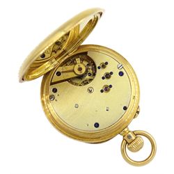 Swiss 18ct gold open face keyless cylinder fob watch, white enamel dial with Arabic numerals, back case No. 620122 with monogramed initials, stamped 18c with Helvetia hallmark