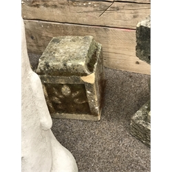 Collection of various stone and composite stone garden ornaments including; cat figure, stone two piece bird bath, Easter island head, tortoise etc.. (11)