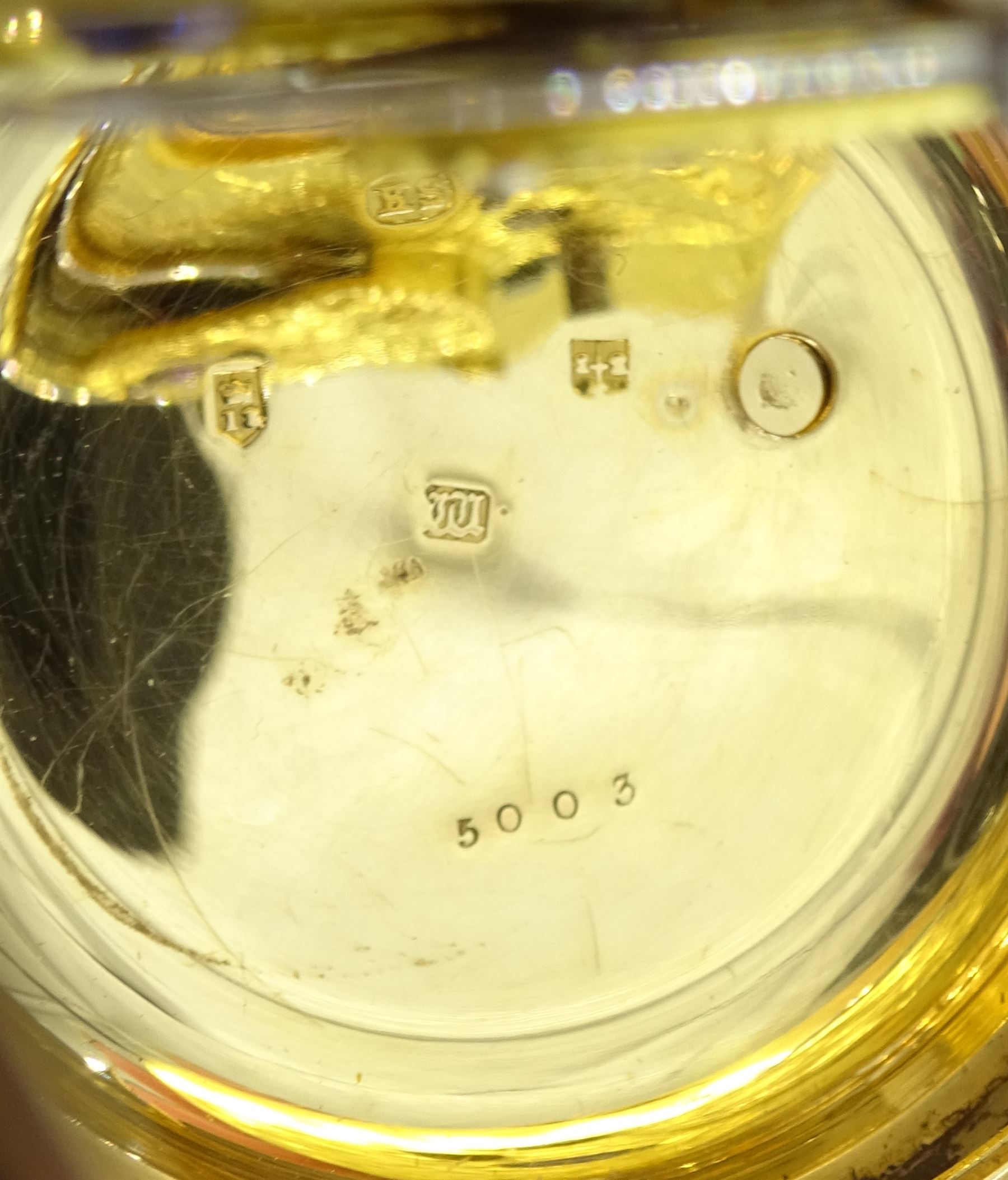 George IV 18ct gold lever fusee pocket watch by Abraham Jackson, Liverpool, No. 5003, gilt dial with Roman numerals and subsidiary seconds dial,  later Victorian engine turned case with cartouche by Henry Stuart, Chester 1860