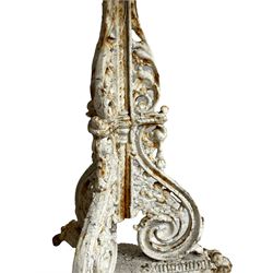 Coalbrookdale design - 19th century cast iron and cast alloy garden table, circular top with beaded edge pierced with scrolls, the pedestal decorated with scrolling and foliate motifs triple arm platform bass with scrolled feet