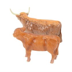 Beswick Highland Cattle family group, comprising bull, cow and calf, together with Charolais bull