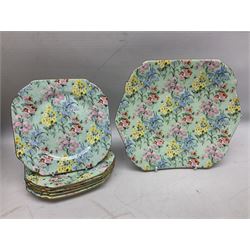 Shelley Melody pattern tea service for six, to include teapot, teapot stand, hot water jug, milk jug, covered sucrier, teacups and saucers, cake plates etc (31)