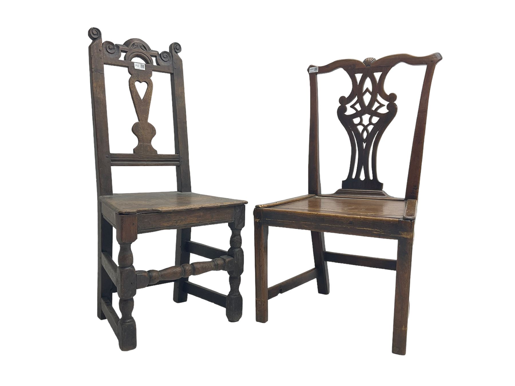 George III Chippendale design oak side chair, york cresting rail over pierced shaped splat back, solid seat raised on square supports (W52cm H93cm); 18th century oak side chair, scroll carved cresting rail with heart splat, panel seat raised on turned supports (W43cm H99cm)