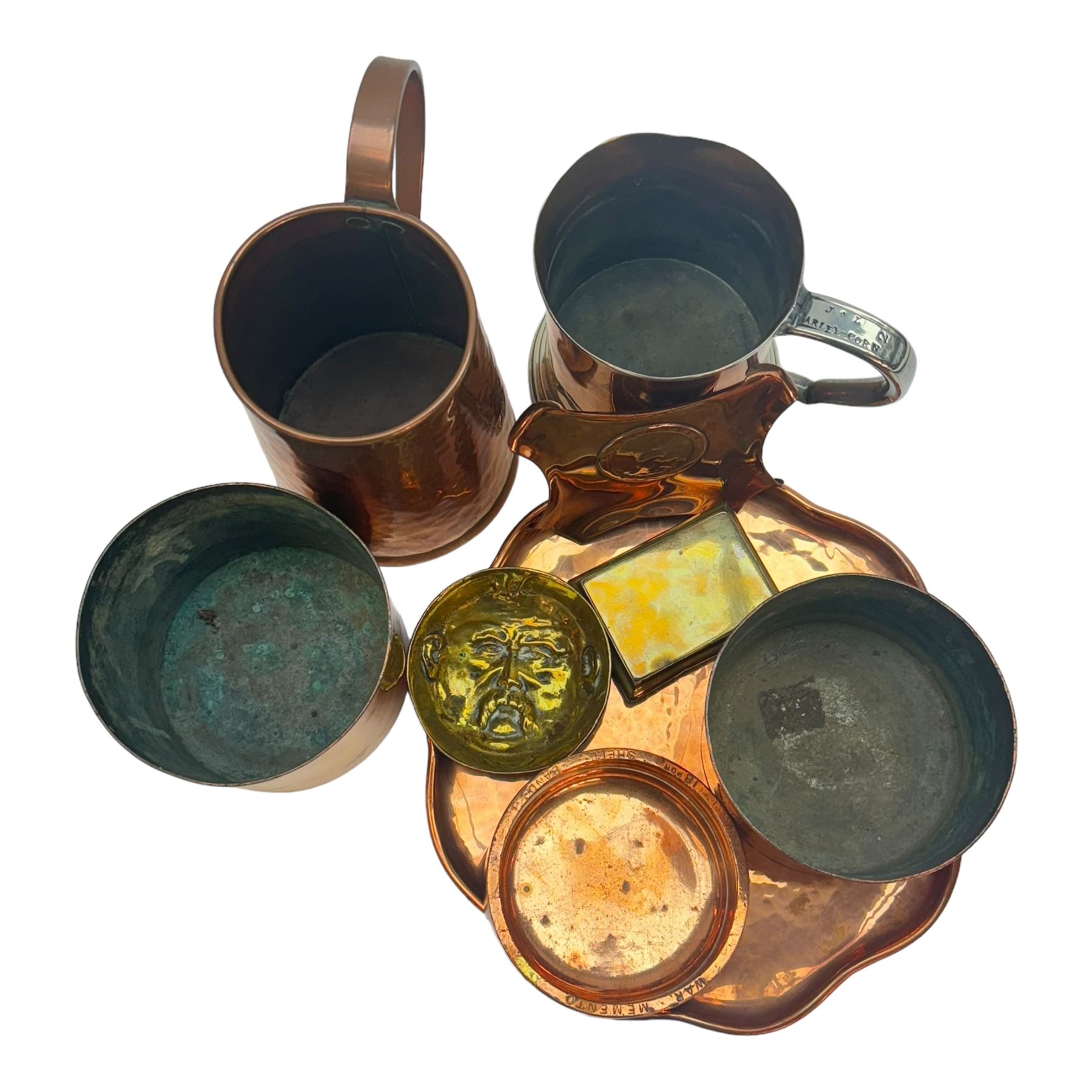 Copper tankards, including one example with plated handle and base stamped 'Barley Corn', brass box with secret compartment, and other brass and copper collectables