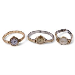 Three 9ct gold cased ladies manual wind wristwatches, all on stainless steel expanding straps