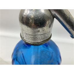 Robinson & Speight, Hull, soda siphon, blue glass body with etched logo together with Yard-of-Ale glass, siphon H32cm
