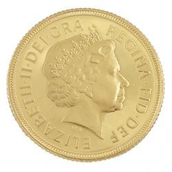 Queen Elizabeth II 2002 'Golden Jubilee' gold proof shield back full sovereign coin, cased with Royal Mint certificate