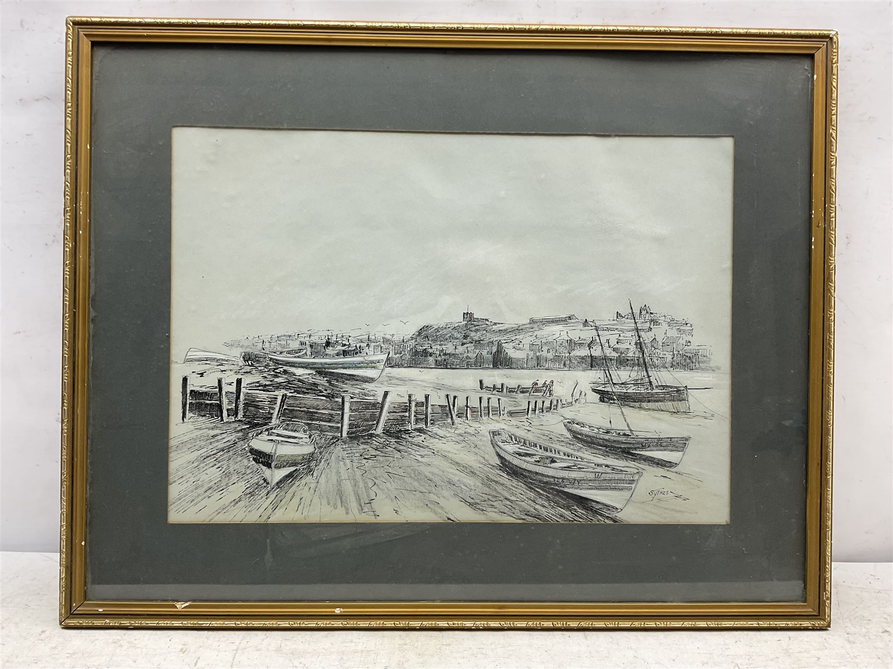 Desmond 'Des' G Sythes (British 1929-2008): 'Old Whitby - East Side', pen and ink signed, titled on label verso 36cm x 51cm