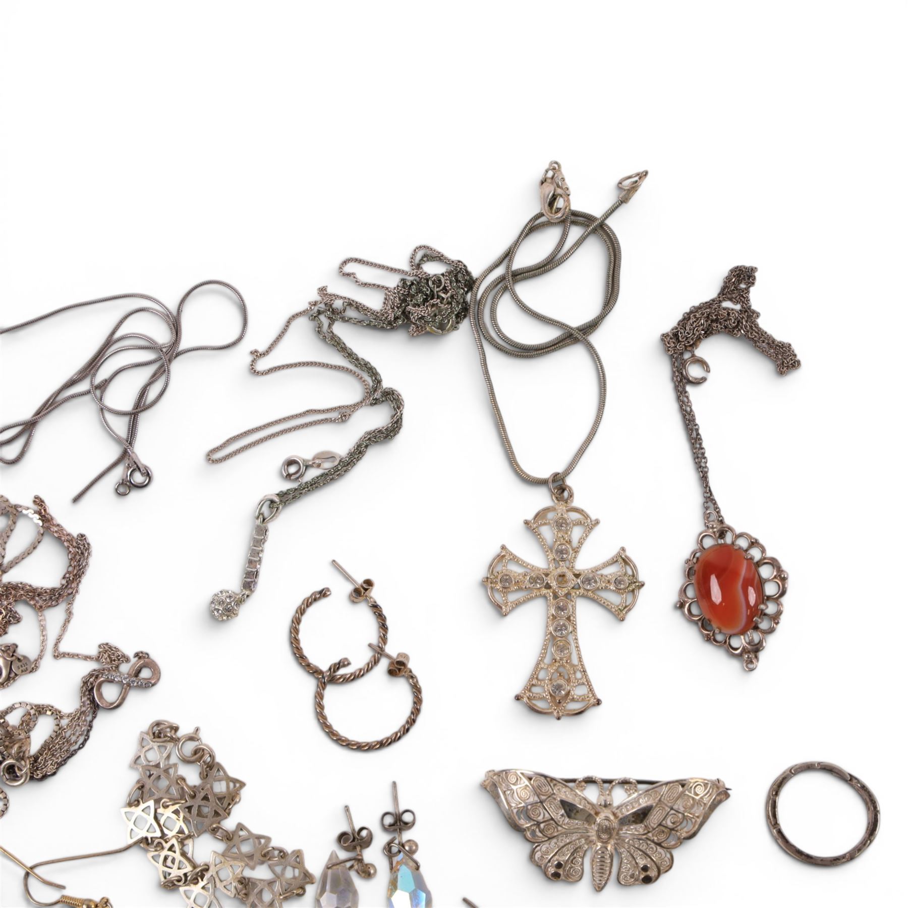 Silver and costume jewellery, including bracelet, necklaces, chains, earrings, brooch, ring, etc, together with a George III 1816 silver shilling and a King George V 1919 silver sixpence