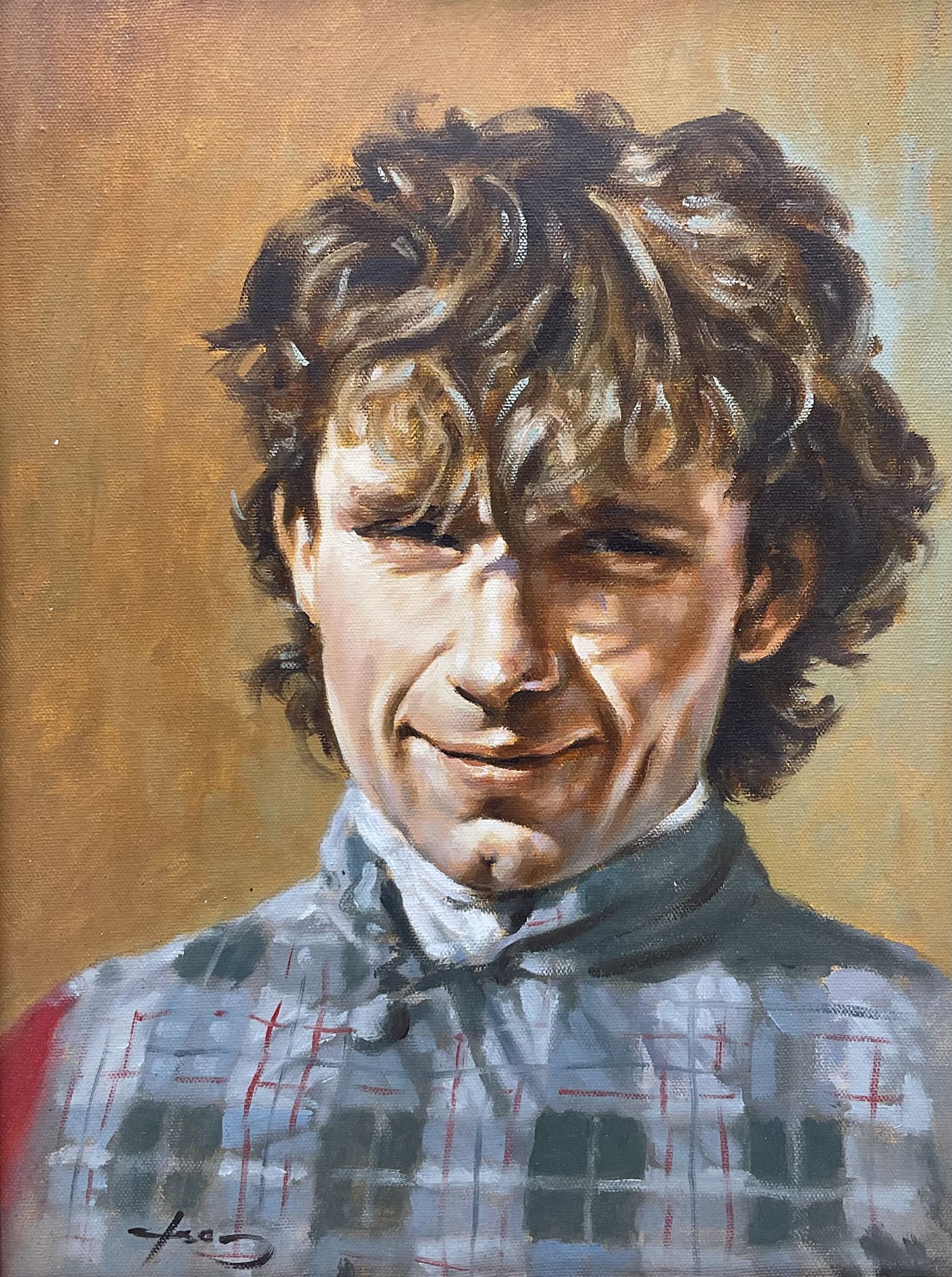 Graham Isom (British 1945-): 'The Champion Hurdle Cheltenham 17th March 1981' Portrait of John Francome Jockey of Sea Pigeon, oil on canvas signed, inscribed on frame 39cm x 29cm