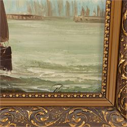 Continental School (20th Century): Shipping Scenes, two oils on panel and one on canvas variously signed in gilt frames, largest 29cm x 38cm (3)