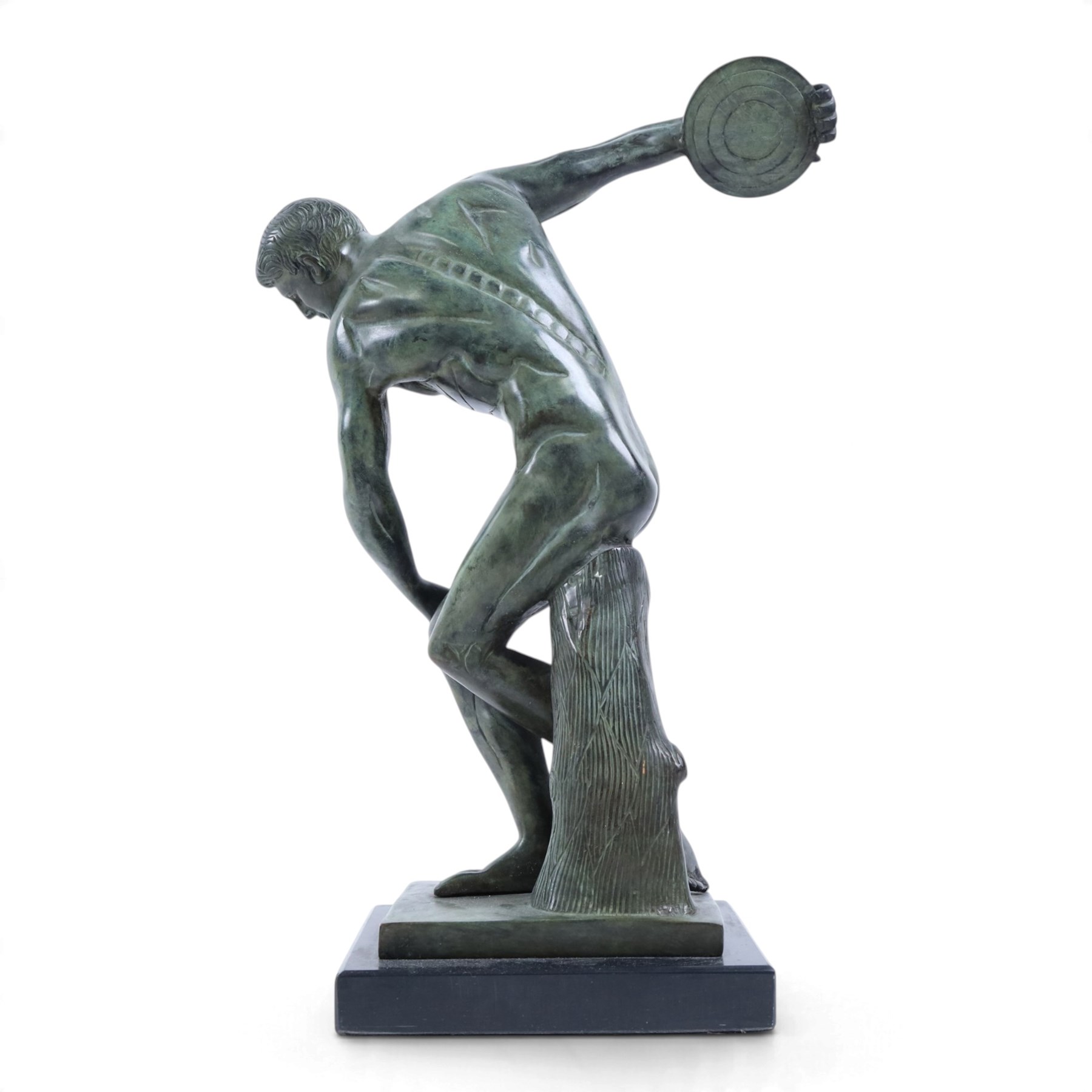 Patinated bronze Discobolus figure upon a rectangular base, H36cm 