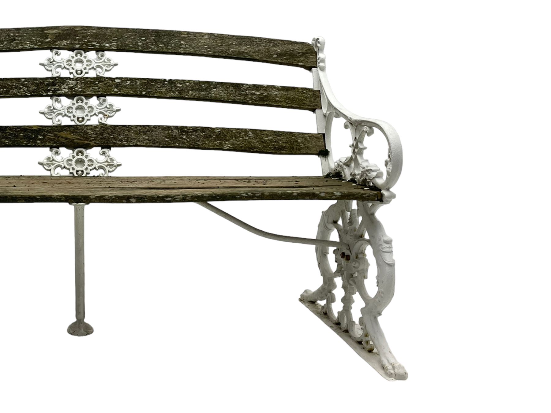 Late 19th century white painted cast iron and wood slatted garden bench, the bench ends in the form of S-scroll mythical beasts with paw feet, central cartouche surrounded by extending trailing foliage, the back slats divided by scroll cast splats, central seat support 
