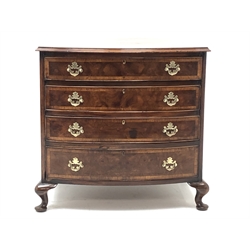  George l style crossbanded and figured walnut bow front chest, the four graduated cockbeaded drawers with brass handles and shaped escutcheons on cabriole legs, W76cm D55cm, H74cm   