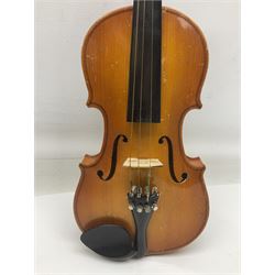 Four Chinese graduated violins - full size with 35.5cm two-piece back; three-quarter size with 33.5cm two-piece back; half size with 31cm two-piece back; and quarter size with 27.5cm two-piece back; all cased except full size; one with bow (4)