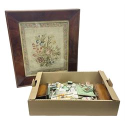 Floral tapestry in a mahogany frame, large collection of cigarette cards, framed tapestry, small microscope and a wooden correspondence box, frame H66cm