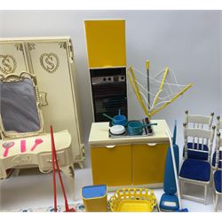 Sindy - Camping Buggy and Folding Tent, Bath, Shower, Washbasin unit and Hairdryer; all boxed; together with unboxed kitchen units, dining and bedroom furniture; and two bags of clothing and accessories