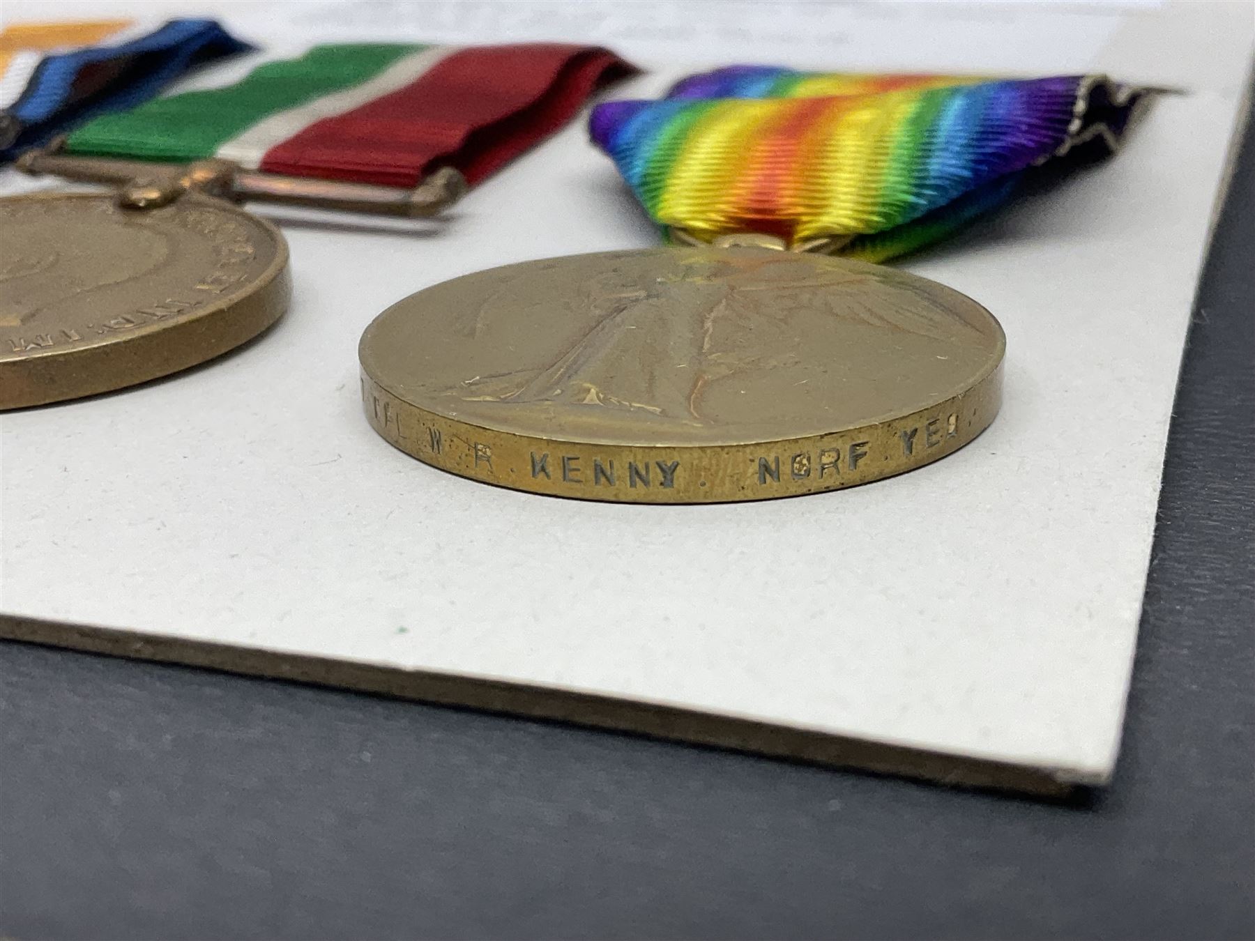 Representative display of five WWI Campaign Stars and Medals to different recipients comprising 1914 'Mons' Star to 13800 Gnr. R. Pexman R.F.A.; 1914-15 Star to TS822 F. Bage T.R. R.N.R.; British War Medal to 90461 Dvr. A.A. Cross R.A.; Mercantile Marine Medal to Patrick J. Magrath; and Victory Medal to 2657 Cpl. W.R. Kenny Norf. Yeo.; all with ribbons (5)