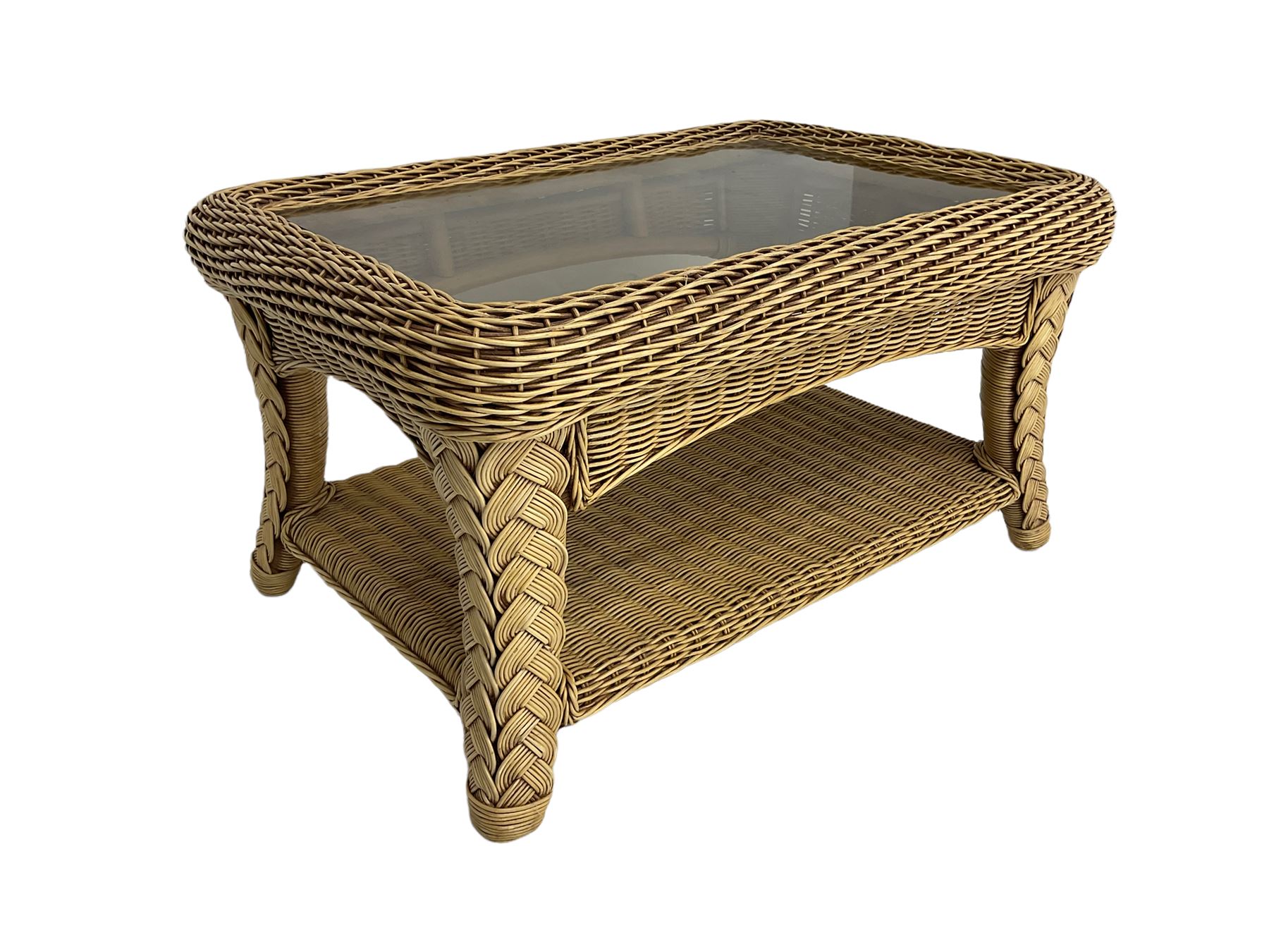 Four piece cane conservatory suite - two seat sofa (W130cm), pair of armchairs (W85cm), and coffee table (85cm x 60cm)