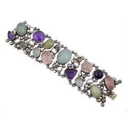 Jan Pomianowski silver articulated link bracelet, set with pearls and cabochons hardstones including amethyst and rose quartz, Polish and English hallmarks, Sheffield 2005 