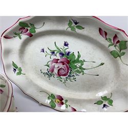 Matched Copeland Spode, Spode and French Luneville and Marlborough Sprays pattern dinner and tea wares, comprising two tureen and covers and apple finials, two sauce tureen and covers with pear finials and fixed stands, six graduated platters including two pairs, large plate, thirteen dinner plates, twelve bowls, ten smaller bowls, eight side plates, eleven smaller side plates, teapot, twin handled sucrier and cover with apple finial, open sucrier, cream jug, smaller cream jug, four breakfast cups, eight tea cups, four large saucers, eleven smaller saucers, and nine further smaller saucers. 