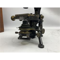 19th century brass and black japanned monocular microscope by W. Watson & Sons Ltd. 313 High Holborn, London serial no.24788 with rack and pinion focussing on tripod base H31cm; in fitted mahogany case retailed by A.H. Baird Scientific Instrument Makers Edinburgh; quantity of additional lenses and accessories; together with another similar uncased monocular microscope by W. Watson serial no.58379 (2)