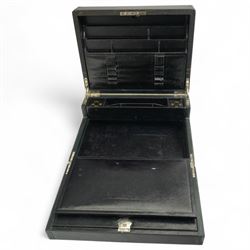 Early 20th century travelling writing box, by James Hurry of London, the leather exterior with Braman lock, the white metal cartouche engraved with FE monogram, opening to reveal compartmental interior, with 'Ink' and 'Light' boxes, and further to reveal writing slope, H18cm x W35cm x 27cm 