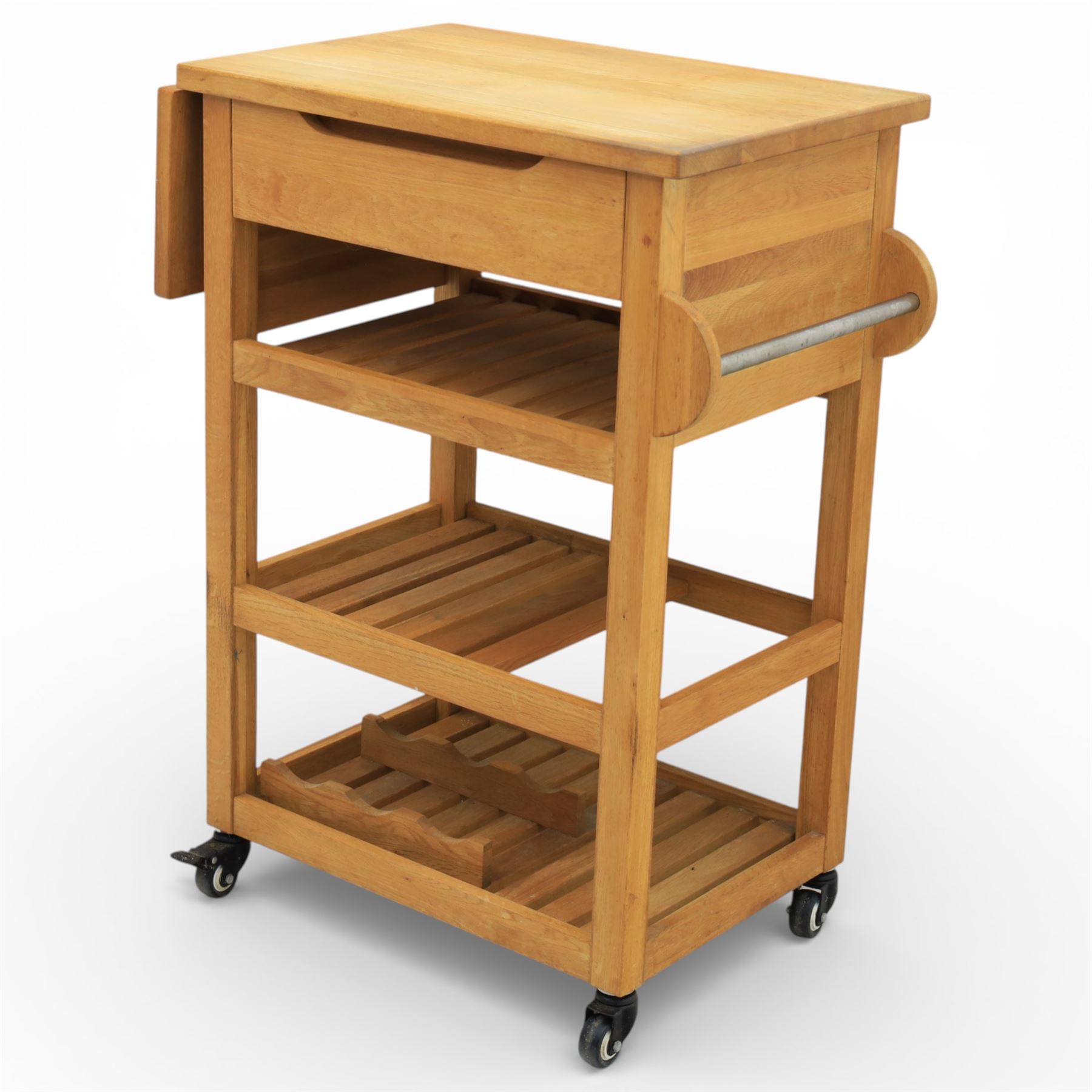 Modern oak butchers block, drop leaf end with towel rail to the other side, above three tiers raised on plastic castors 