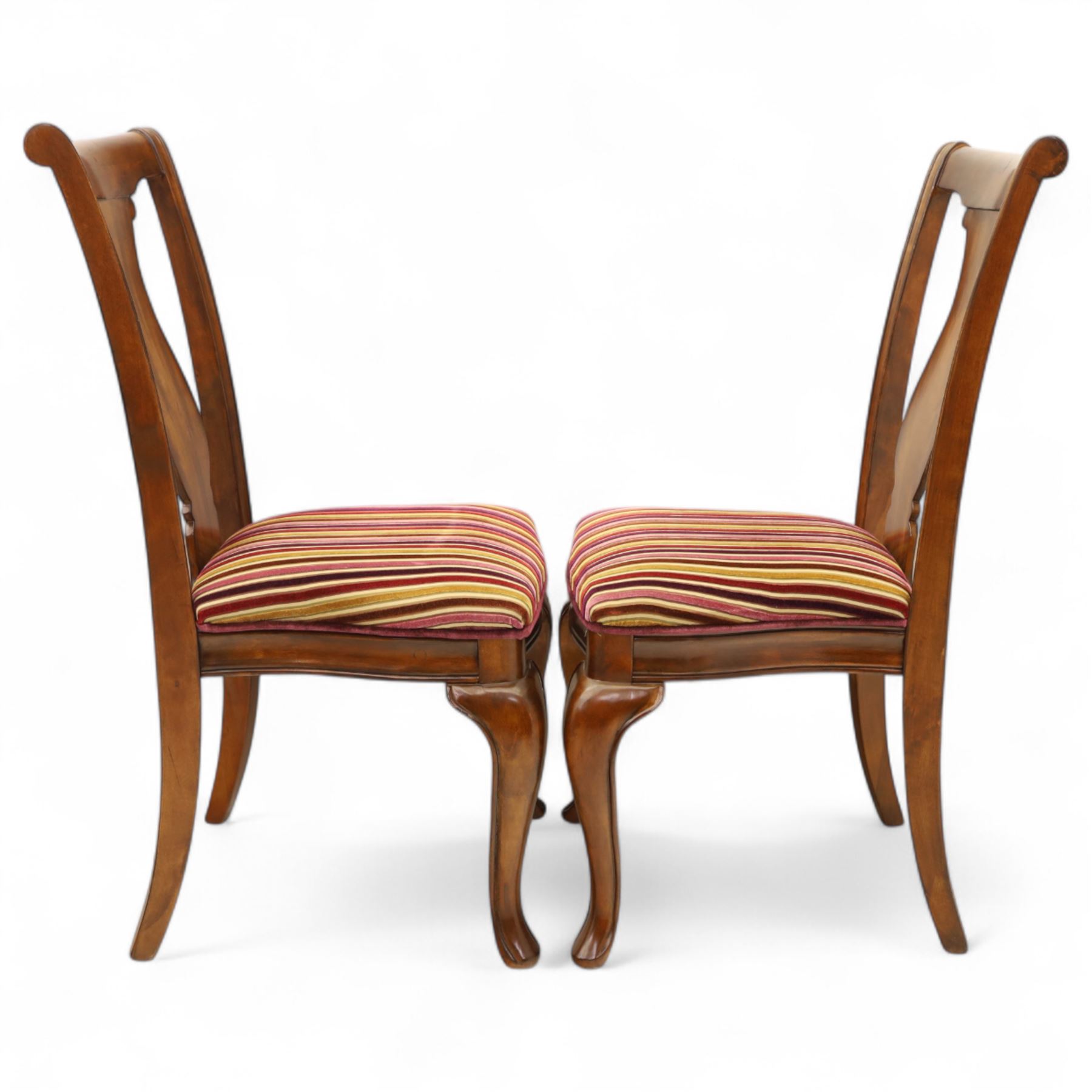 Willis & Gambier - mahogany extending dining table, rectangular top with rounded corners on cabriole legs, with two 35cm extension leaves, four Willis & Gambier upholstered high back chairs and four mahogany chairs, upholstered in a stripped multi-coloured velvet fabric, with scroll-shaped top rail, lyre-shaped back splat on cabriole legs, chairs W46xD91x97cm (11) 
