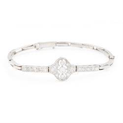 Art Deco white gold and platinum diamond bracelet, the central articulated panel milgrain ...