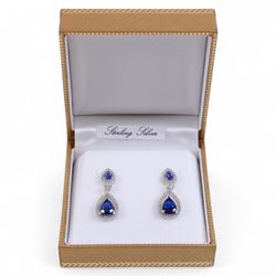Silver, cubic zirconia and blue spinel pendant earrings, boxed